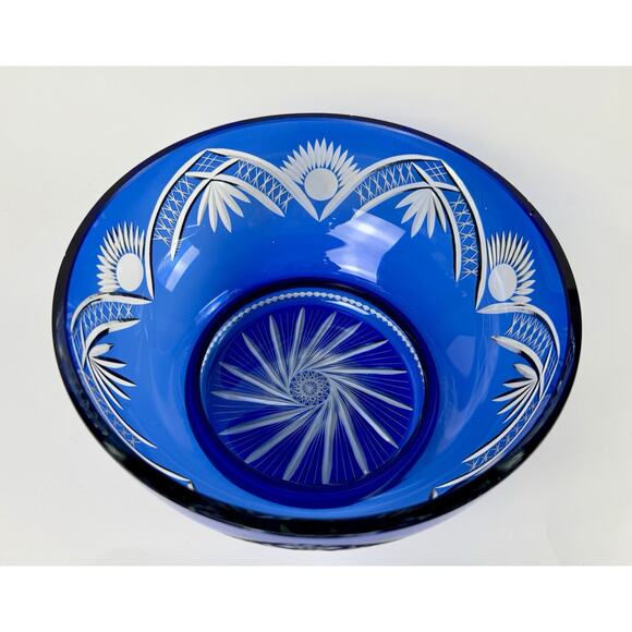 Cobalt Blue Cut to Clear Crystal Pedestal Bowl Bohemian Czech 8” Centerpiece